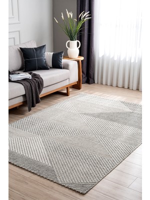 Koza Halı Retro Krem Gri Geometrik Desenli Tozumaz Salon Koridor Balkon Teras Bahçe Oturma Odası Halısı 19270A