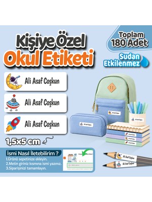 Kişiye Özel Okul Etiket Seti - 180 Adet - Kokusuz Ekolojik Mürekkep Pvc Etiket Sticker Sudan Etkilenmez Uzay Model 2