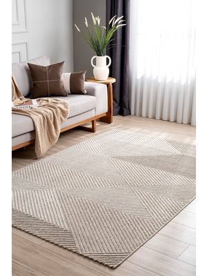 Koza Halı Retro Krem Bej Geometrik Desenli Tozumaz Salon Koridor Balkon Teras Bahçe Oturma Odası Halısı 19270A