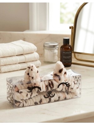 My Balli Store Leopar Desenli Kedi Kulaklı Peluş Cilt Bakım Bandanası