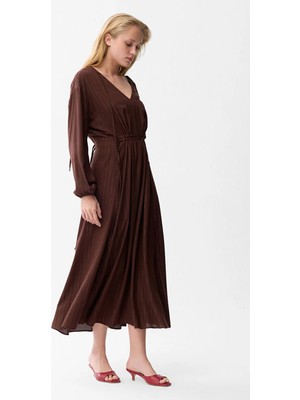 Love My Body  Çizgili V Yaka Uzun Elbise Kahve 124L8501002