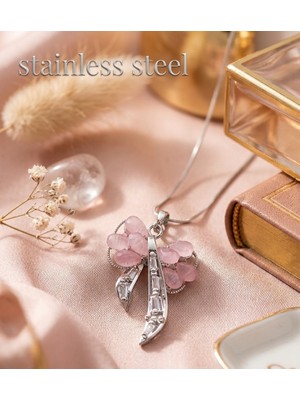 Stainless Steel Gümüş Renk Pembe Taşlı Kılıç Motif Paslanmaz Çelik Kolye