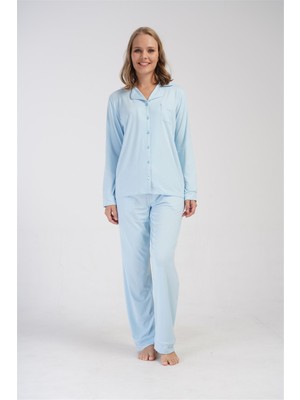 Obje Kadın Mavi Gömlek Yaka Düğmeli Pijama Üstü