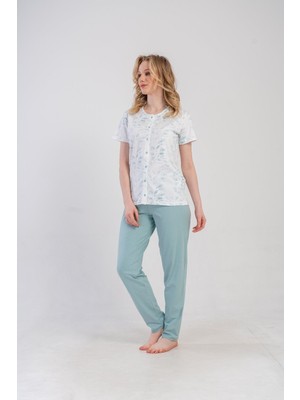 Obje Kadın Yaprak Desen Önden Düğmeli Kısa Kollu Pijama Takımı