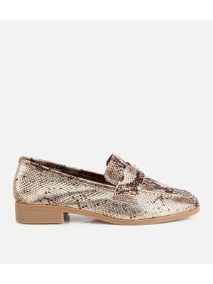 Hotiç Kadın Deri Gold Yılan Baskılı Klasik Loafer
