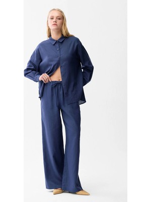 Love My Body  Beli Lastikli Keten Cepli Pantolon Lacivert 153L9331001