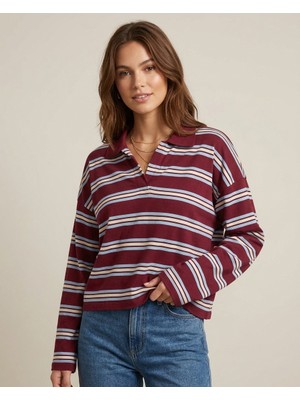 Blouse Kadın Bordo Çizgili Polo Yaka Oversize Örme Bluz