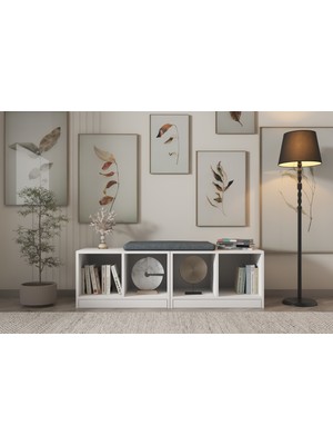 Nettrends Modern Minderli Bench - Beyaz 4 Açık Bölmeli Kitaplık ve Oturma Ünitesi PNR-PF-1002