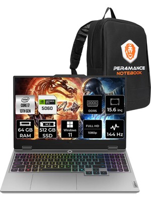 Lenovo Loq 83JE00LFTRP372 Intel Core I7 13700HX 64GB Ram 512GB SSD RTX5060/8GB 100W 15.6" Fhd 144Hz Windows 11 Home Gaming Laptop