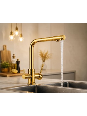 Evora 3 Yollu Musluk Su Arıtma Musluğu Gold Üç Yollu Çoklu Musluk Altın Rengi Mutfak Bataryası 85010036