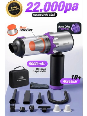 Auhma Ahv-29 Kablosuz Araç Süpürgesi 220W 22000PA Güçlü Vakum & Üfleme Özellikli Şarjlı Oto Süpürge