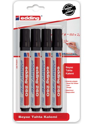 Edding Siyah Yazı Tahtası Kalemi 260/4'LÜ 1.5-3mm Çizgi Kalınlığı ile Hızlı Kuruyan Mürekkep