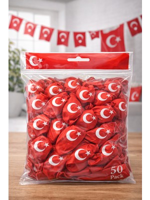 Erdo Ticaret Ayyıldızlı Kırmızı Balon Seti Türk Bayraklı Parti Balonu Dayanıklı Latex Balon 50 Adet
