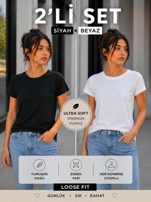 Hayalet 2'li Set Kadın Bisiklet Yaka Basic T-Shirt – Loose Fit Premium Bluz