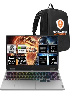 Lenovo Loq 96GB Ram 512GB SSD Intel Core I7 13700HX RTX5060/8GB 100W 15.6" Fhd 144Hz Freedos Gaming Laptop