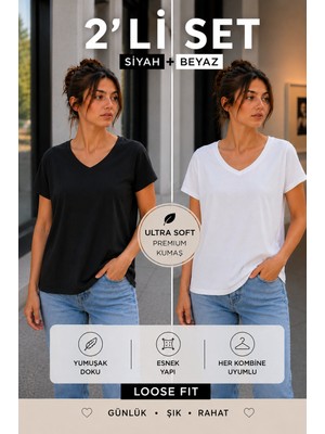 Hayalet Kadın V Yaka Basic T-Shirt – Loose Fit Premium Bluz