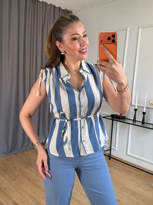 Size Özgü Indigo Kalın Çizgili Viskon Gömlek