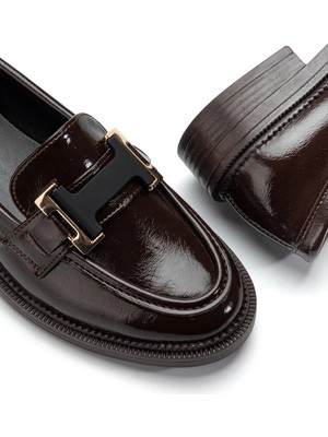 Ellolita Luxury Shoes Anna Ortopedik Taban Acı Kahve Rugan Deri Loafer