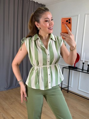 Size Özgü Yeşil Kalın Çizgili Viskon Gömlek