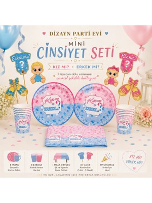 Dizayn Parti Evi Mini Cinsiyet Partisi Seti – Kız Mı Erkek Mi? 8 Tabak 8 Bardak Masa Örtüsü Kürdan Süs Seti