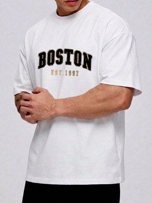 Trendseninle Erkek Beyaz Boston 1997 Baskı Detay %100 Organik Pamuk Örme Oversize Tişört