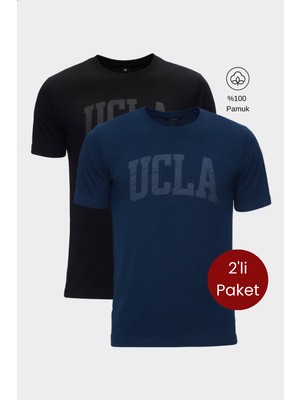 Ucla CULVER 2'Li Set Siyah & Lacivert Bisiklet Yaka Baskılı %100 Pamuk Standard Fit Erkek Tshirt