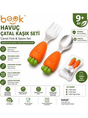 Jojobebek Turuncu Renk Havuç Figürlü Premium Çocuk BPA Free Silikon Sap Paslanmaz Çelik Uçlu Çatal-Kaşık Set ve Saklama Kutusu 9+ Ay