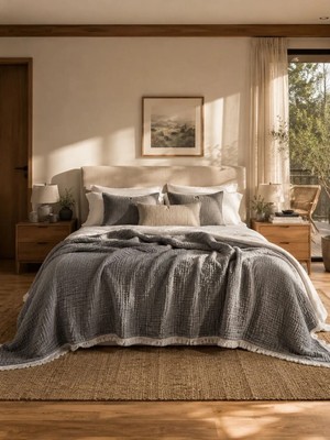 HB&Victory Müslin Mavi 6 Katlı Yorgan %100 Pamuk Antrasit Renk çift Kişilik 240X220 Cm.