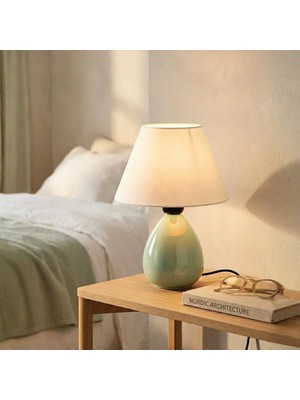 Homing Soft Yeşil Seramik Abajur Krem Kumaş
