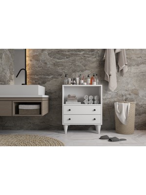 Nettrends Beyaz 2 Çekmeceli Banyo Saklama Ünitesi - Açık Raflı Çok Amaçlı Banyo Dolabı PNR-BDZ-1005