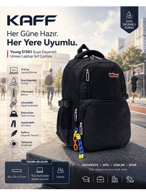 Young 51583 Black Siyah Unisex Çok Cepli Anahtarlık Aksesuarlı Suya Dayanıklı Kapaklı Sırt Çantası