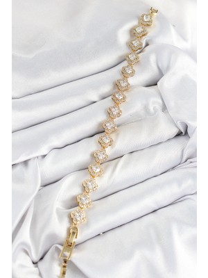 Youday Accessories Pirinç Zirkon Taşlı Yonca Baget Model Gold Renk Vıp Seri Kadın Bileklik