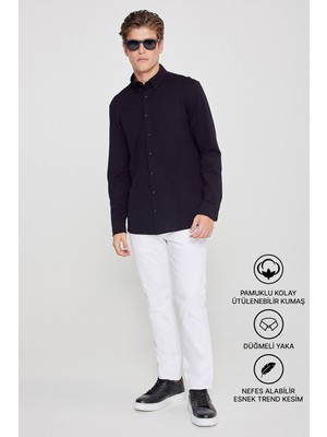 Altınyıldız Classics Erkek Siyah Nefes Alabilir Esnek Pamuklu Tailored Slim Fit Dar Kesim Düğmeli Yaka Örme Gömlek