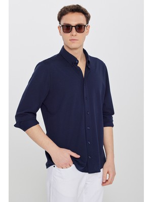 Altınyıldız Classics Erkek Lacivert Nefes Alabilir Esnek Pamuklu Tailored Slim Fit Dar Kesim Düğmeli Yaka Örme Gömlek
