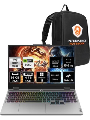Lenovo Loq 83JE00LFTRP380 Intel Core I7 13700HX 96GB Ram 4tb SSD RTX5060/8GB 100W 15.6" Fhd 144Hz Windows 11 Home Gaming Laptop