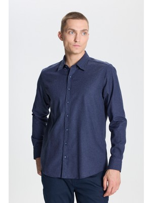 Altınyıldız Classics Erkek Lacivert Pamuklu Flanel Oxford Slim Fit Dar Kesim Gizli Düğmeli Yaka Gömlek