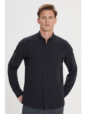 Altınyıldız Classics Erkek Siyah Slim Fit Dar Kesim Düğmeli Yaka %100 Pamuk Gömlek