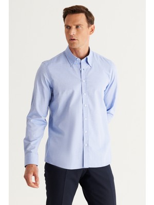 Altınyıldız Classics Erkek Mavi Slim Fit Dar Kesim Düğmeli Yaka %100 Pamuk Oxford Gömlek