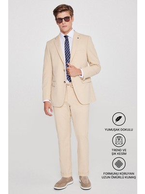 Altınyıldız Classics Erkek Bej Slim Fit Dar Kesim Mono Yaka Beli Bağlamalı Kapak Cepli Esnek Takım Elbise