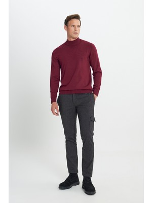 Altınyıldız Classics Erkek Siyah-Gri Slim Fit Dar Kesim Diyagonal Desenli Kargo Cepli Esnek Pantolon