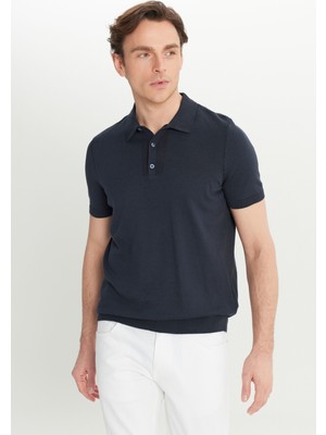 Altınyıldız Classics Erkek Lacivert %100 Pamuk Standart Fit Normal Kesim Polo Yaka Jakarlı Triko Tişört