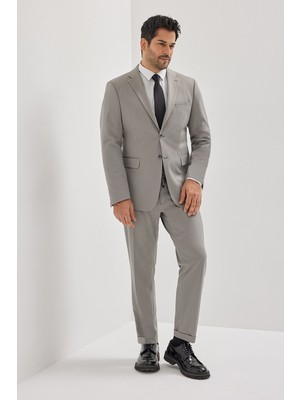 Altınyıldız Classics Erkek Gri Slim Fit Dar Kesim Mono Yaka Beli Bağlamalı Kapak Cepli Esnek Takım Elbise