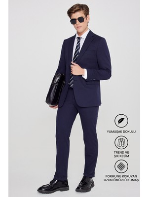 Altınyıldız Classics Erkek Lacivert Slim Fit Dar Kesim Mono Yaka Beli Bağlamalı Kapak Cepli Esnek Takım Elbise