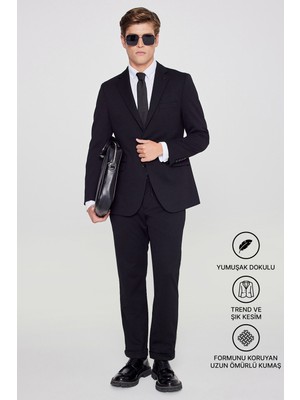Altınyıldız Classics Erkek Siyah Slim Fit Dar Kesim Mono Yaka Beli Bağlamalı Kapak Cepli Esnek Takım Elbise