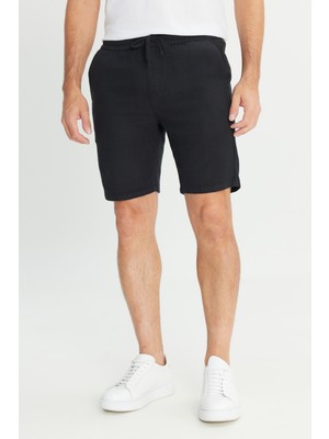Altınyıldız Classics Erkek Siyah %100 Pamuk Comfort Fit Beli Bağlamalı Flamlı Yan Cep Şort
