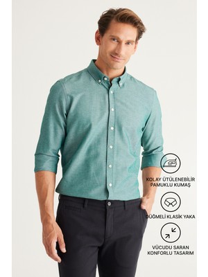 Altınyıldız Classics Erkek Oxford Kolay Ütülenebilir Terletmez Pamuklu Gömlek Yeşil Düğmeli Yaka Slim Fit Dar Kesim