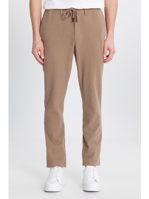 Altınyıldız Classics Erkek Kahverengi Keten Slim Fit Dar Kesim Beli Bağlamalı Yan Cepli Casual Pantolon