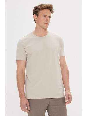 Altınyıldız Classics Erkek Bej Slim Fit Dar Kesim Modal Bisiklet Yaka Yumuşak Tuşeli Esnek Basic Tişört