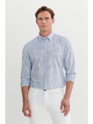 Altınyıldız Classics Erkek Lacivert Slim Fit Dar Kesim Gizli Düğme Yaka %100 Pamuk Baskılı Gömlek