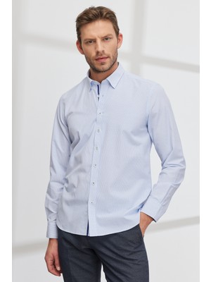 Altınyıldız Classics Erkek Beyaz-mavi Slim Fit Dar Kesim Gizli Düğme Yaka Baskılı Gömlek